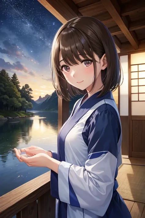 anegasaki nene、Shiny brown hair, short hair, (Beautiful brown eyes、Sparkling eyes, Fine grain)、smile、Ultra-detailed eyes、Highly detailed face, Highly detailed eyes,Cowboy Shot、



Nightscape inspired by Japanese art, 提灯で照らされた庭園と静かな湖にかかるwood製の橋がある. The star...