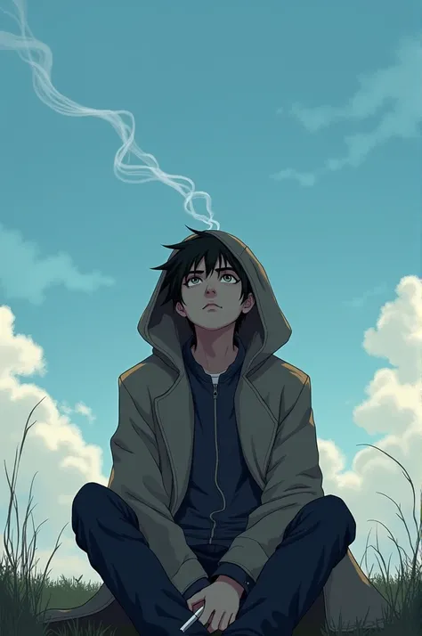 The boy put his coat over his head and sat looking up at the sky smoking. 