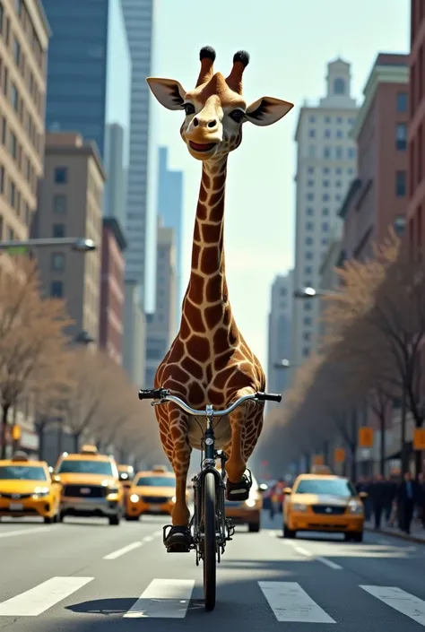 A giraffe riding a bike in New York
