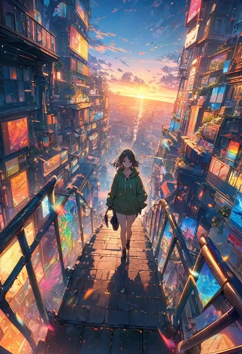 Create exquisite illustrations reminiscent of Makoto Shinkais style, It has ultra-fine details and top-notch quality. angelic, detailed woman who is walking, woman wearing hoodie,  highest billding in city, road, sunrise, horizon, skyline, in the sky, city...