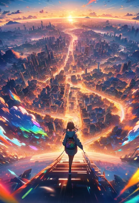 angelic, detailed woman who is walking, woman wearing hoodie, highest billding in city, road, sunrise, horizon, skyline, in the sky, city of clouds, colorful, high-res, 8K