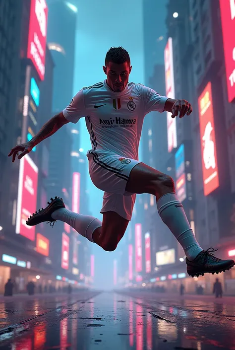 Real Cristiano Ronaldo doing his pose in cyber punk nano city and amir Hamza written on Cristiano Ronaldo front of t shirt