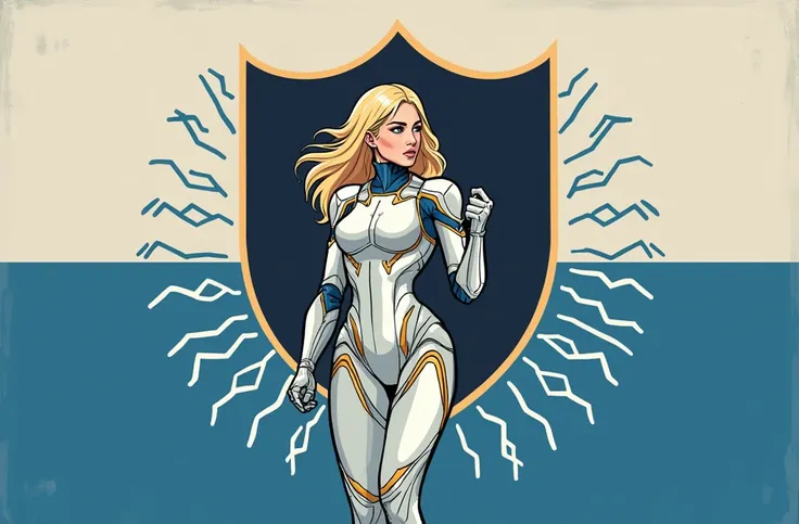 full view of a 30 years old woman, very long blond hair, blue eyes, slim, A woman stands. She holds with pride a large flag with 2 horizontal stripes, one blue and one white. She wears a futurist suite made from a mix of printed circuit board and armor.