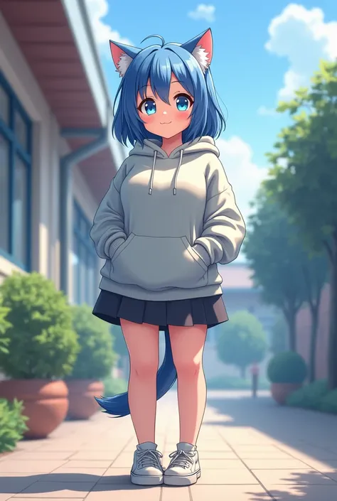 Cat girl in her teenage years with blue medium sized hair in a hoodie and a skirt and big boobs and she is in a school with her hand in her pockets