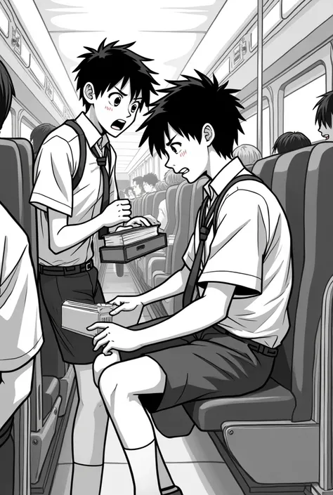 (comic) (wearing school uniform) A middle school boy tried to snatch a book from a middle school boy whos sitting in a bus seat.