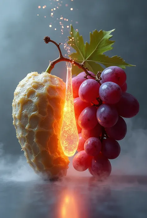 A wrinkled grape on the left side , they are a little distant from each other, on the right side a beautiful grape, Ablaze ... A smoked translucent dropper dropping drops on the grape which looks beautiful 