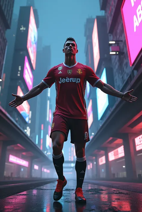 Real Cristiano Ronaldo doing his pose in cyber punk nano city and ameer Hamza written on Cristiano Ronaldo front of t shirt