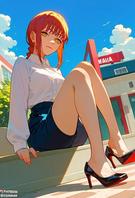 1girl, high heels shoe dangle, makima (chainsaw man), sitting