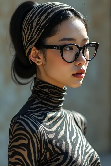 a most beautiful Chinese woman named Tiaw Li Yin with a pair of glasses wears zebra print turtleneck unitard catsuit.She always wear zebra print dancewear hijab overed with stripes.
