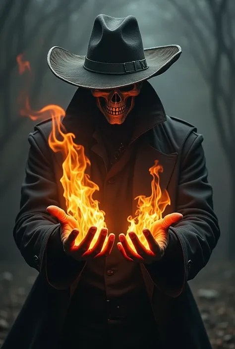 A guy in a skull mask wearing a western hat and dark clothes with fire powers