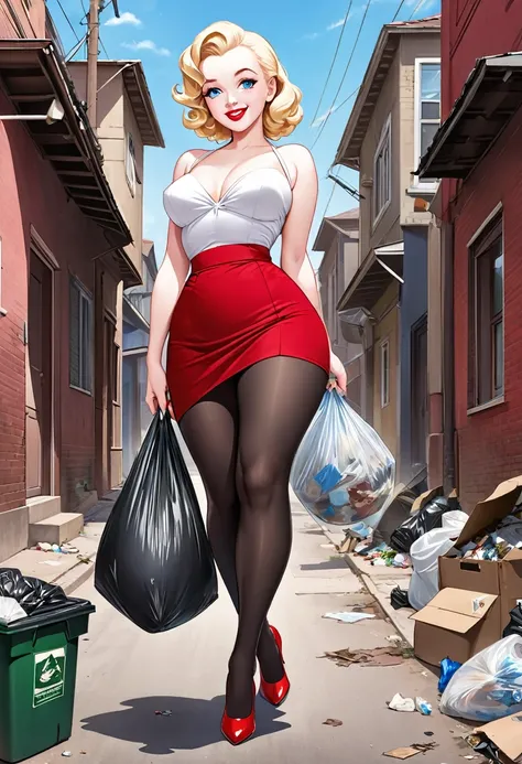  masterpiece, small head,1940s hairstyle, pinup,Marilyn Monroe, pale skin, blue eyes, smilling face, wearing red skirt, black pantyhose ,red stilettos ,thick calves,thick legs , big ass. She is walking in poor street with a Lot of garbage.