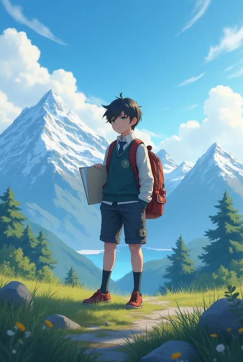 A boy standing with his books and bags in front of a beautiful viewpoint of hills cover with clouds and snow 