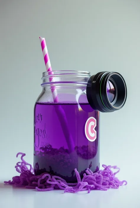 Mason jar with purple liquid and camera lens sticked to right side of jar, sticker with "C" Letter on it and opened cap 