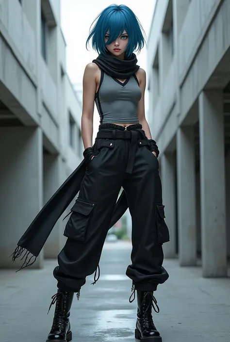 a girl wears black long scarf, sleeveless gray turtleneck with black stripes at the end of shoulders, black belt, black jogger cargo pants, black combat boots. She has blue short hair, bangs is covered her left eye, teal color eyes.