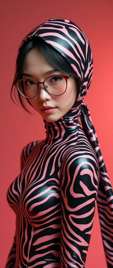 a most beautiful Chinese woman named Tiaw Li Yin with a pair of glasses  with beautiful cheekswears zebra print turtleneck unitard catsuit.She always wear zebra print dancewear hijab covered with stripes.
