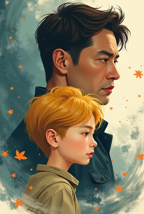 Draw the cover of a fantasy time travel novel，An overlapping picture of a middle-aged man with brown hair and a boy with blond hair.，Use Korean comic style
