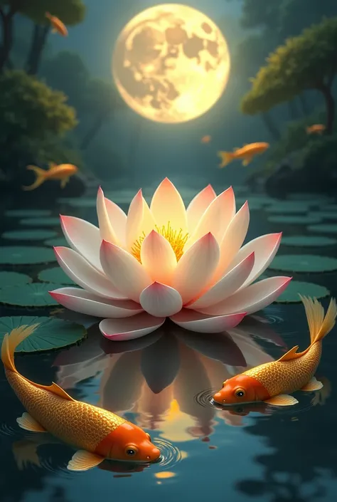 lotus flower, golden fishes in the water, the water reflects the moonlight, moon