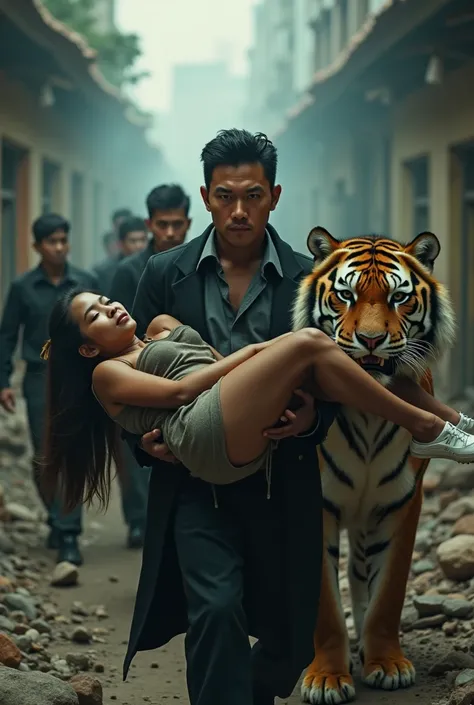 poster film action,portrait of an 1 asian man wearing a mafia costume carrying a young indonesian woman in pain and injured in a destroyed building,beside it there is a tiger,behind him there is a team,api,real palace,face in front of the camera