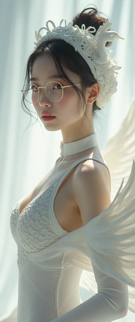 a most beautiful Chinese woman named Tiaw Li Yin with a pair of glasses with beautiful cheekswears white swan turtleneck unitard catsuit covered with scales.She always wear swan dancewear hijab covered with scales.