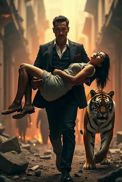 poster film action,portrait of an 1 asian man wearing a mafia costume carrying a young indonesian woman in pain injured in a destroyed building with sparks,beside it there is a tiger,behind him there is a team,api,real palace,face in front of the camera