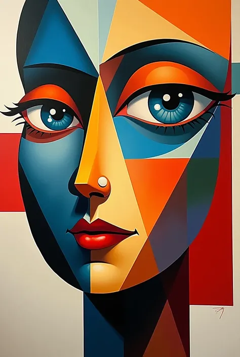 An example of an easy cubism artwork that shows balance and avoids the typical fruit bowl could be a cubist portrait. 

Imagine a face depicted with geometric shapes—triangles, rectangles, and trapezoids—arranged to represent features like the eyes, nose, ...