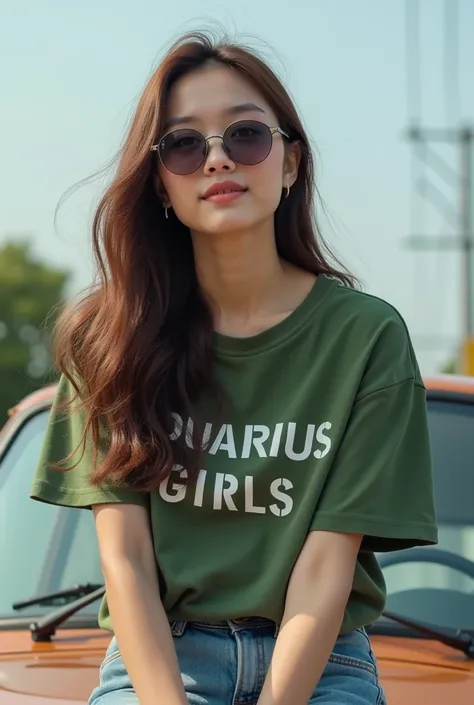 A person  Japanese girl 25 yo,brown long hair , sunglasses Oakley,green T-shirt with name "Aquarius gilrs"shirt of girl with uperr sitting on brown car ,hd