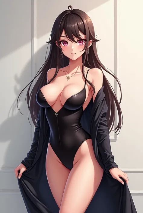 naked anime women,anime woman, face perfect, perfectbody, wearing short dress, black gown ,looking forward 
