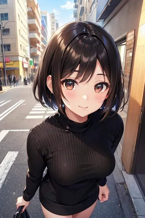 anegasaki nene、Shiny brown hair, short hair, (Beautiful brown eyes、Sparkling eyes, Fine grain)、smile、Ultra-detailed eyes、Highly detailed face, Highly detailed eyes,


(One person, alone, alone), severe, ((Marching on the sidewalk, (Black sweater, Women&#39...