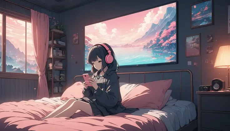 i put on my headphones and sat on my bed、anime girl looking at her cell phone, anime style 4 k, anime art wallpapers 8k, lofi gi...