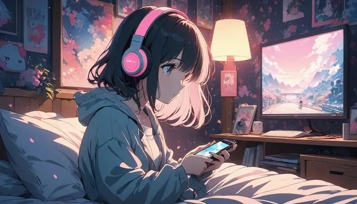 i put on my headphones and sat on my bed、anime girl looking at her cell phone, anime style 4 k, anime art wallpapers 8k, lofi gi...