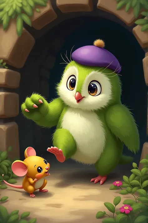 a green fluffy barn owl with a purple beret kicking out the yellow brown mouse out of his house