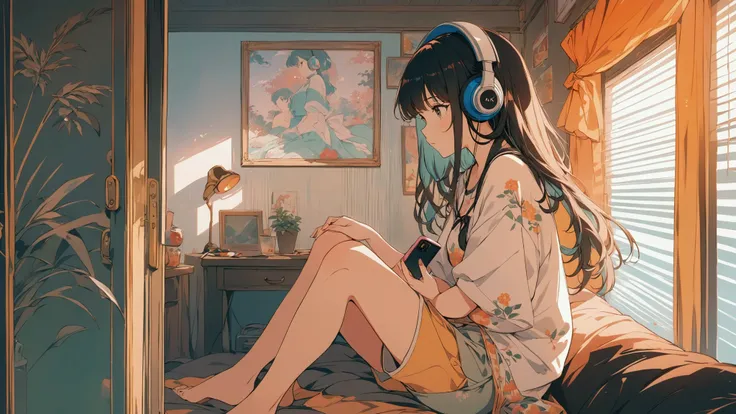 i put on my headphones and sat on my bed、anime girl looking at her cell phone, anime style 4 k, anime art wallpapers 8k, lofi gi...