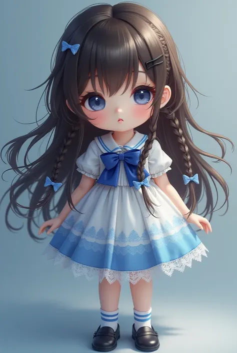 dark blue eyes. Brown hair, bangs tied into two braids. Bangs up to her eyelids, She wears a black hairpin, white and blue dress with a blue bow around her neck, Blue socks with a white stripe on the top, and his shoes are black. Her braids are finally tie...