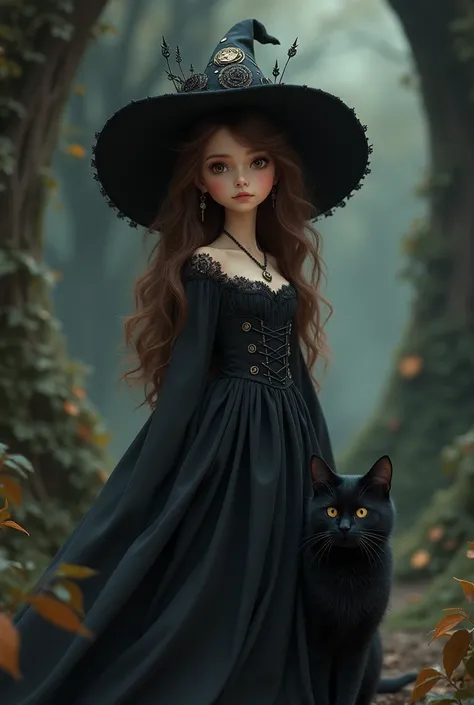 little brown haired witch, witch&#39;s hat, black dress and has a black cat as a companion
