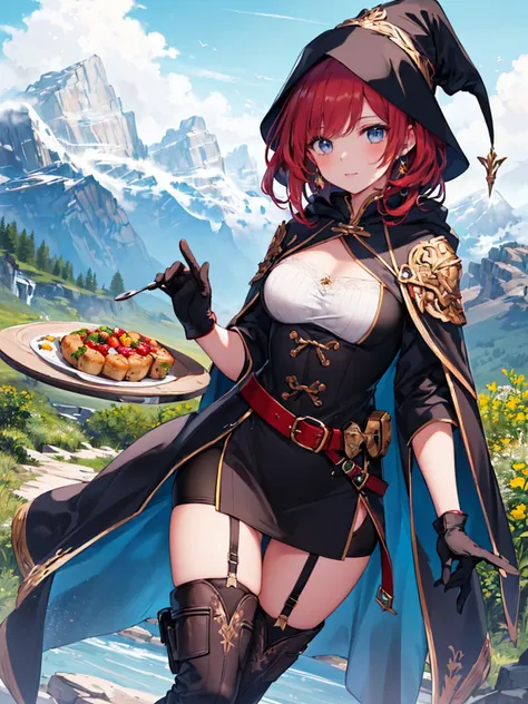 RAW Photos,8k hdr,masterpiece,最high quality,Realistic,High resolution,high quality,High resolution,Very detailed,Morning glow,One Girl (ロンGloves,Intricate black wizard robes:1.5),(Short Red Hair:1.3),Lucent Blue Eyes,(belt, Gloves,Handguard,Food:1.5),Patte...