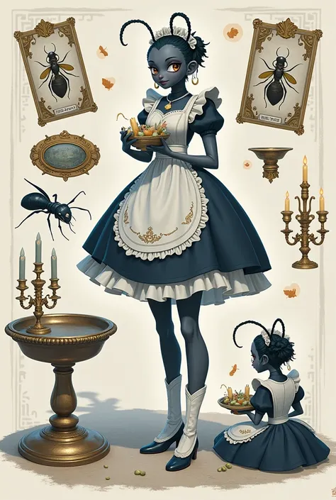 character sheet, front, side, back, anime style, female worker ants, taking care of larvae, maid outfit, fantasy, magic, cool color tone, tarot cards, antique style, luxury, high society, high details ,no background