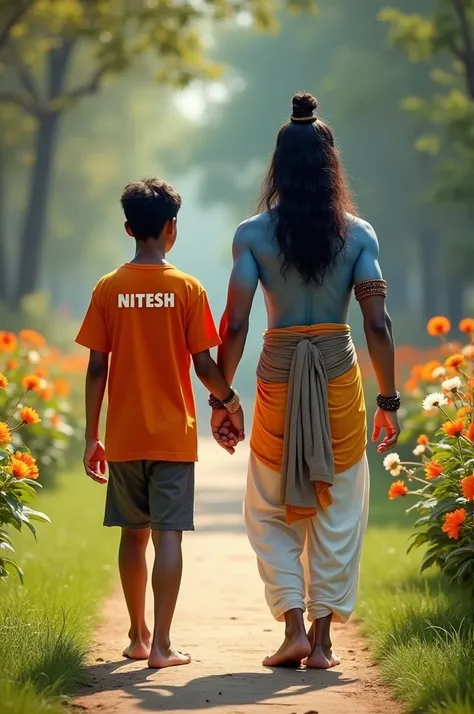 20 year old boy walking and holding hand with Lord SHIVA, boy is bare feet wearing saffron T-shirt with name "NITESH" written boldly, environment is gorgeous, background is garden, both are in focus, ultra clear, hyper detailed image, Boy and Ganesh ji loo...