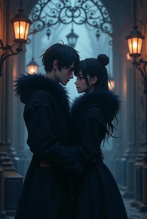 (a straight anime couple: 1.5, dark style, large eyes, Small pieces, fluffy black fur), (dark gothic, Victorian steampunk gothic style with chained hands:1.5), Dark, ambiente oscuro con decoraciones de calaveras 32K, Fairy tale: 1.4, camera cut: 1.4, ((dre...