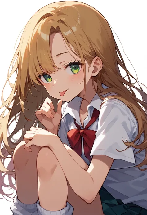 masterpiece, (score_9,score_8_up,score_7_up,score_6_up), 1 girl, green eyes, little sassy, bitch / cockslut / whore, skinny, tsurime, asymmetrical bangs, long hair, (blond hair:1.3), (school uniform), (white collared shirt, plain pattern shirt, short sleev...