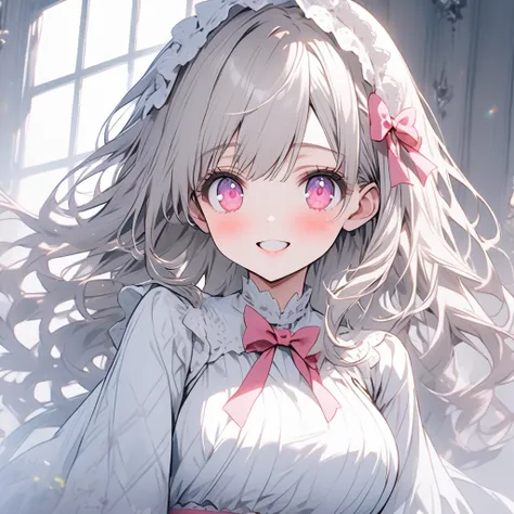 white髪の美しい少女，white色のドレス，Pink eyes，white，white，Large Breasts，smile