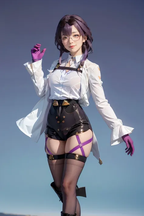 masterpiece, best quality, 1 girl, kafka v4, shirt, white shirt, shirtแจ็กเกต, purple hair, long sleeve, glasses on head, sungla...