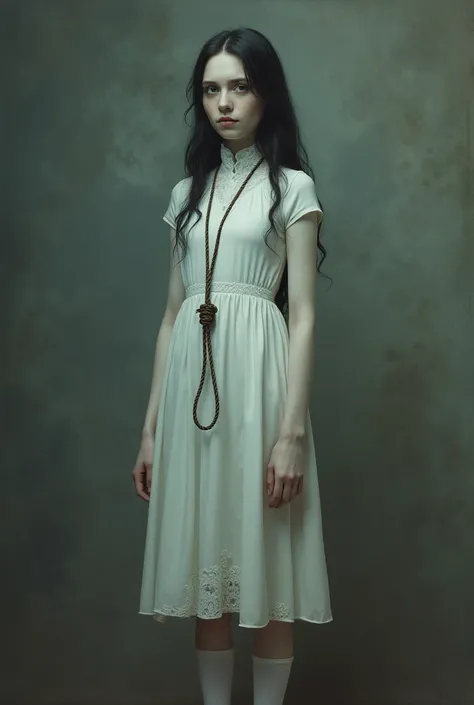 Girl in white high-necked stockings dress with noose hanging around her neck 
