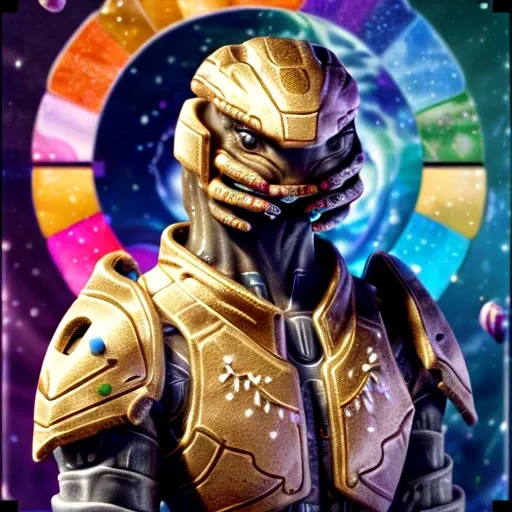 a cute sangheili alien from the video game halo, wearing armor made of gingerbread, decorated with colorful candy, covered in de...