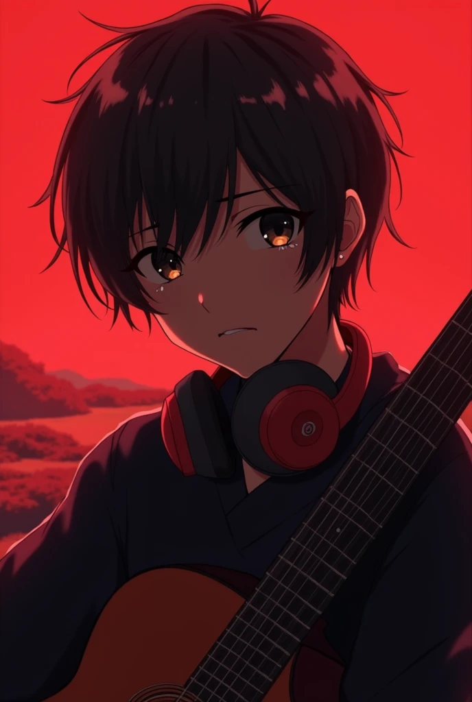 1 anime boy with headphones and a little bit of tears and a gruitarra with a red background All good with a landscape background Similar but serious look If a similar one the sky with gradient Look to the right side