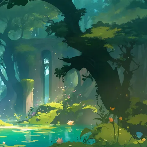 an enchanting cartoon-style illustration of an enchanted forest lake with magical elements, featuring vibrant green water and a ...