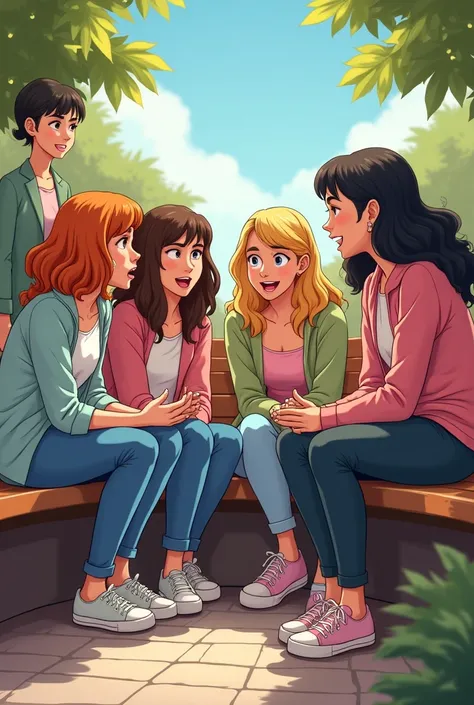 Create a group of 4 girls gossiping 1 boy and there’s a one girl observing on the side make it funnier and all characters is in the photo