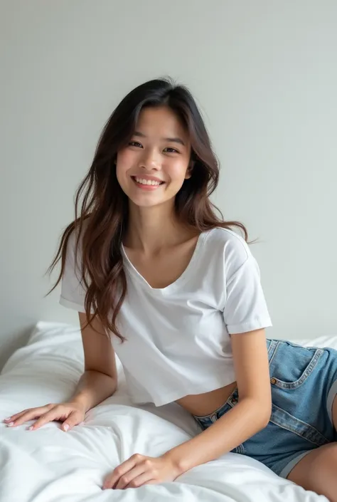 
brunette, smile, physique: smallest belly ever, flat chest, skinny face, white wall, no decoration, jean shorts, white shirt, lying on bed, looking smiling at camera