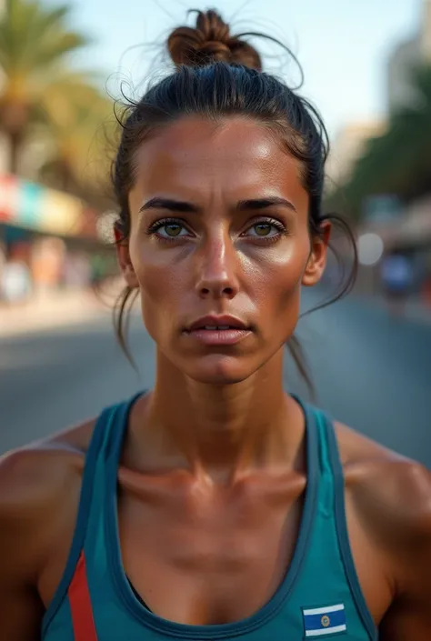 frontal portrait, a woman from Argentina, age 25, marathon clothing, Roadside, Dubai, tired, work of art, high qualiy, 8k, Full HD, wall-paper, RAW, ultra realisitic