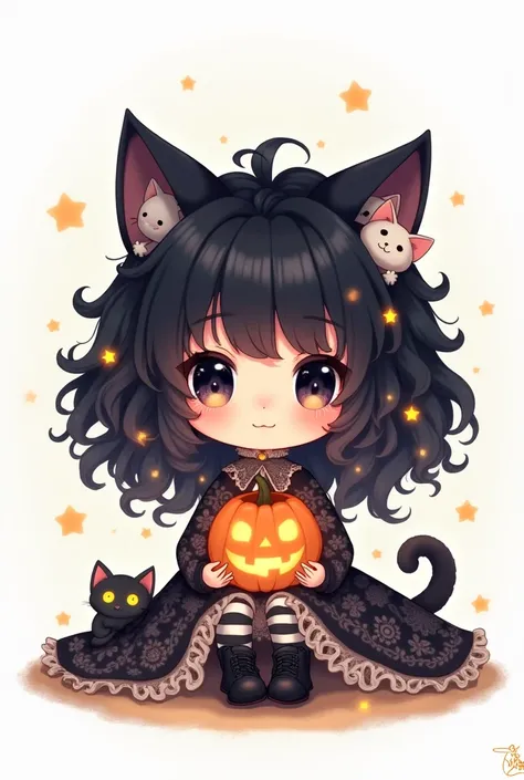 Illustrate a chibi girl with large, dark eyes and pale skin, sitting cross-legged on the ground. Her voluminous, curly black hair is draped around her, with tiny glowing lights and small kittens peeking out. She wears an oversized dress with intricate patt...