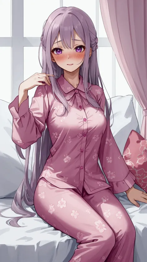 a woman in pink floral pajamas is sitting on her bed,high resolution、silver hair, purple eyes, happy expression, ((blush)), look...